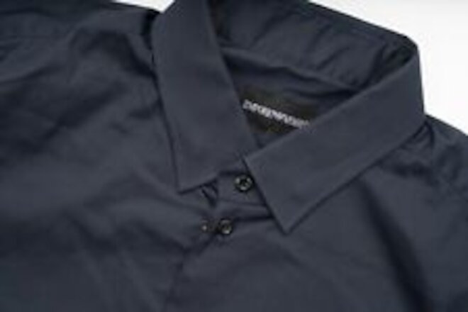 EMPORIO ARMANI Navy Blue Cotton Dress Shirt Short Sleeve Slim Fit 15 1/2 39
