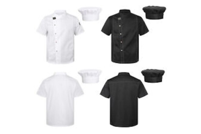 Men Women Chef Jacket Cooking Coat with Chef Hat Canteen Restaurant Work Outfit