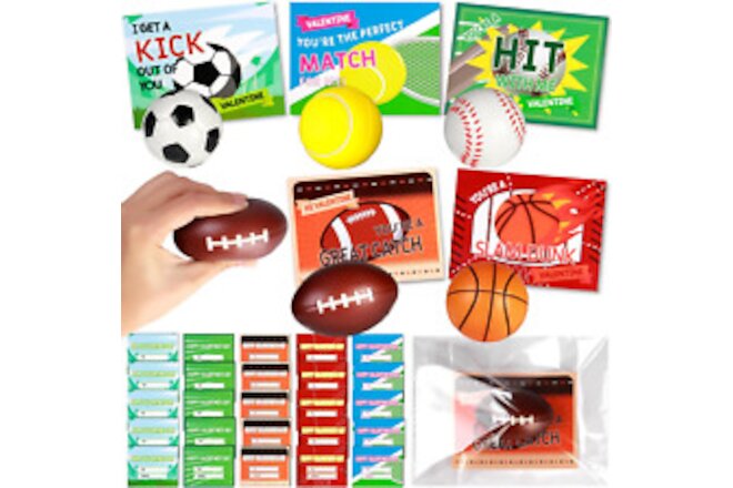 30 Pack Valentine'S Day Cards with 30 Pcs Mini Sports Stress Balls for Kids S...