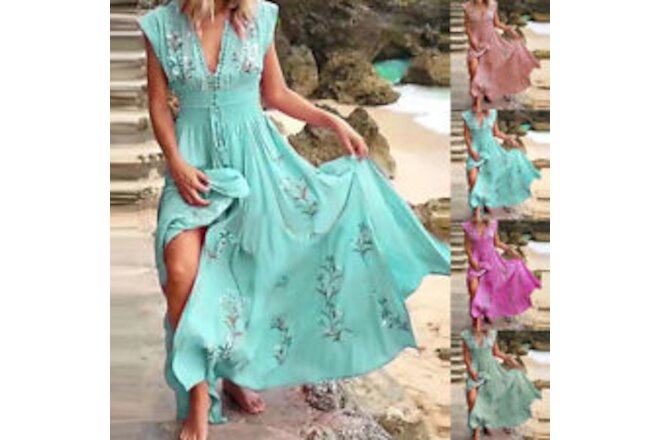 Womens Boho Floral Maxi Dress Ladies V Neck Summer Beach Holiday Long Sundress