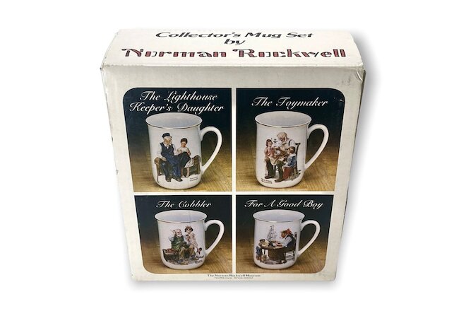 Norman Rockwell Museum Set • 4 VTG Collector Coffee Mugs • 24 Karat Gold Trim