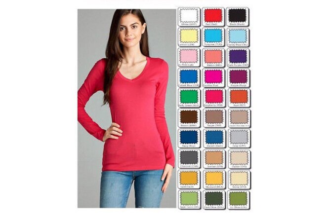 Womens T Shirt V Neck Long Sleeve Cotton Active Basic Light Weight CLOSE OUT