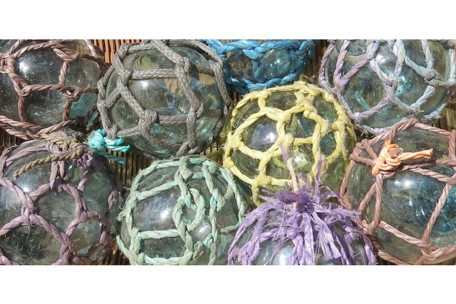 Japanese Glass Fishing FLOATS 3" Netted LOT-9 Net Buoy Authentic Vintage! USA BZ