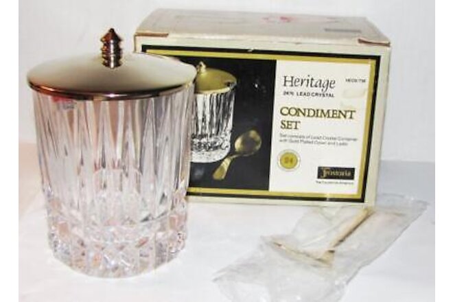 Vintage Fostoria Heritage 24% Lead Crystal Condiment Set Unusegold plated in Box