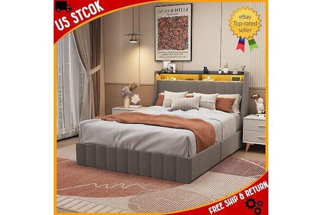 Queen for extra storage space size LED bed frame with winged headboard design