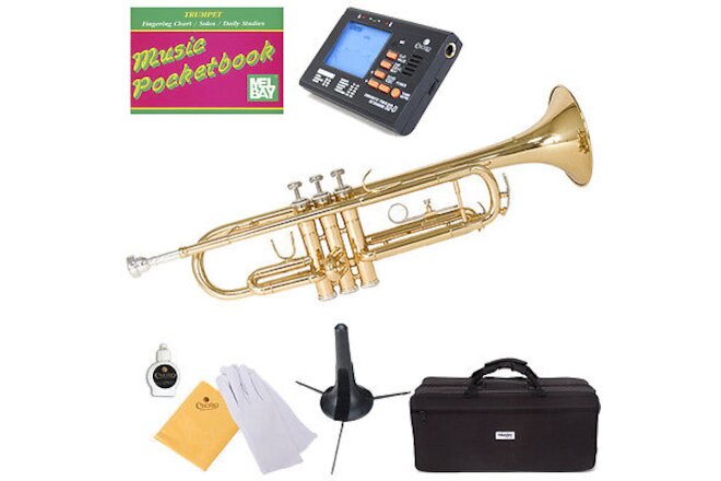 Mendini Bb Trumpet Gold Lacquered Student Band +Tuner+Case+CareKit ~MTT-L