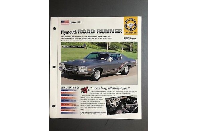 1973 Plymouth Road Runner IMP "Hot Cars" Spec Sheet Folder Brochure Awesome L@@K