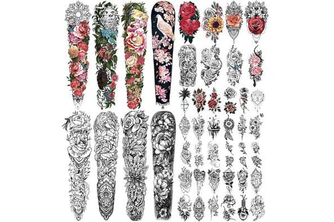 46 Sheet Full Arm Temporary Tattoo for Women with Peony Bird Daisy Rose Half ...