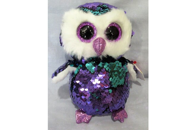 MOONLIGHT - PURPLE OWL - Ty FLIPPABLES Sequin Beanie 6" Boos  NEW with MINT TAGS