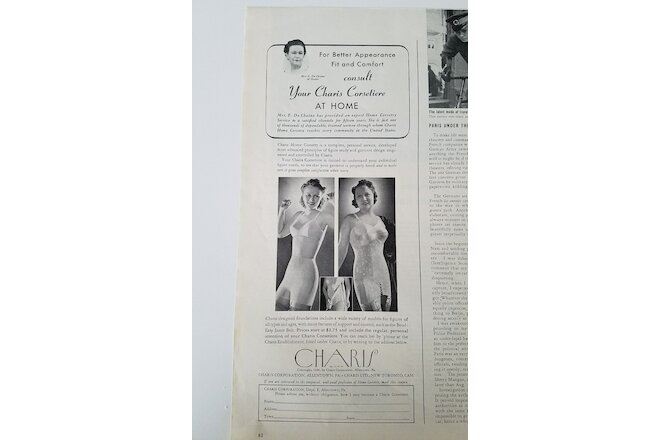 1940 CHARIS CORSETIERE corset women's girdles bra fashion ad