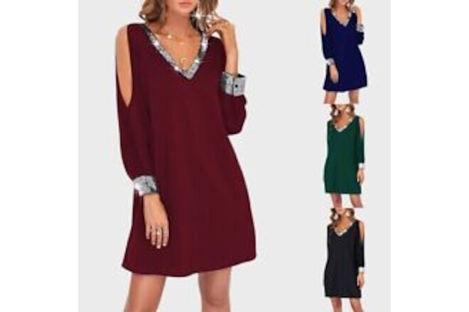 Womens Solid Sexy Cold Shoulder Sequin Mini Dress Ladies Party Cocktail Dresses