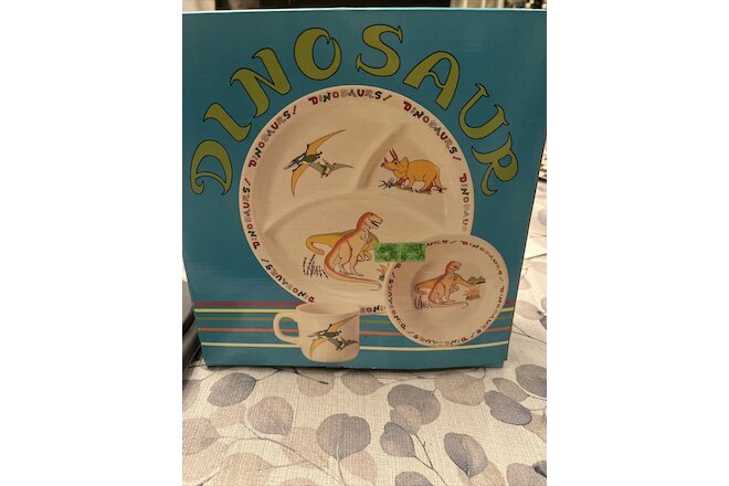 Vintage melamine dinosaur children 3 piece SERVING set Plate Bowl Cup W/ Box