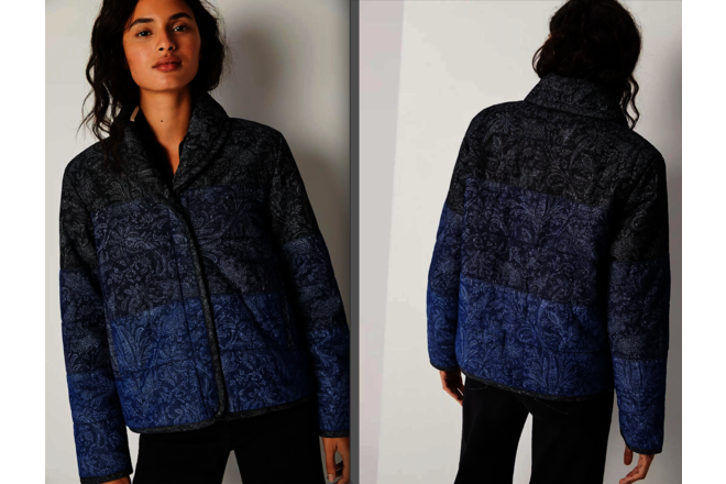Anthropologie Pilcro Ana Patcwork Puffer Jacket S Quilted printed Denim $228 New