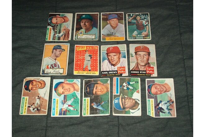 vintage lot of 13 1950s topps,bowman baseball cards,mickey mantle,lopat,bv 530