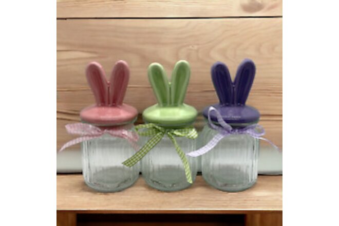 Bunny Ears Ceramic Lid Ribbed Glass Jar Jelly Beans Candy 10oz 6.5" Tall