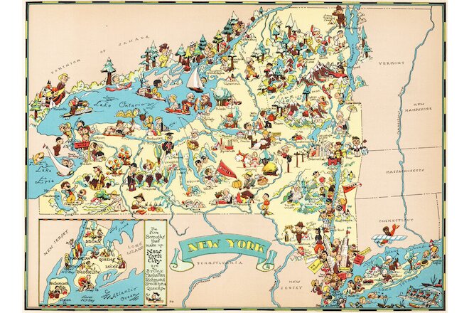 Canvas Reproduction Vintage Pictorial Map of New York Print Ruth Taylor 1935