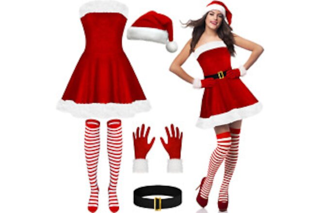 Santa Costume Women, Classic Santa Girl Cosplay Dress Set with Christmas Hat Glo