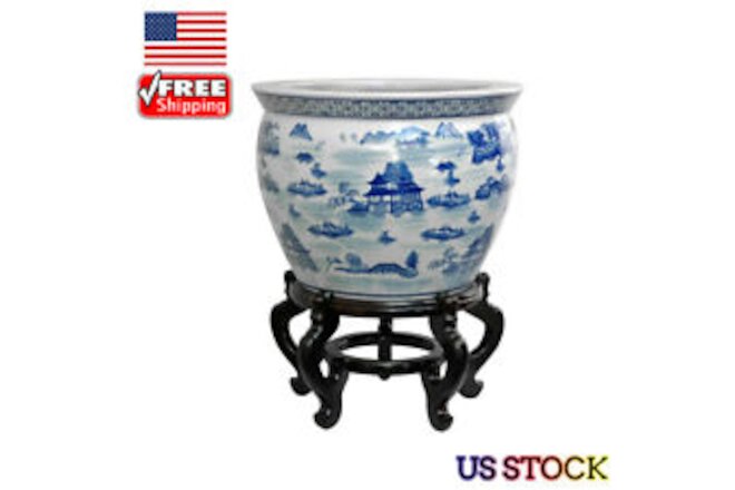 Porcelain Fishbowl W/ Oriental Landscape Furniture Decor Sturdy Home Office NEW