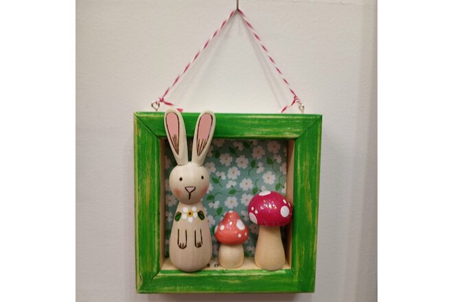 Wood Burned Bunny & Mushrooms Shadow Box Wall Hanging Nursery Art Baby Shower