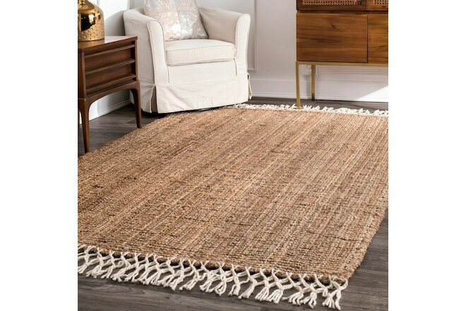 nuLOOM Hand Made Natural Jute and Wool Blend Area Rug with Fringe in Tan