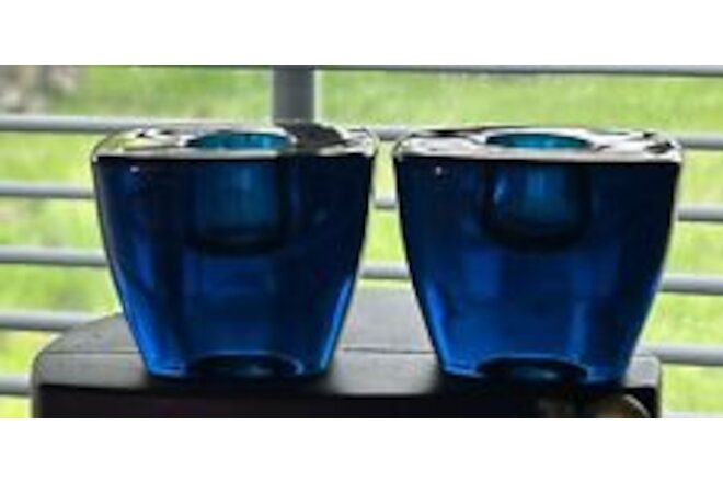 Pair MCM VIKING Glass Cobalt Blue Block Candle Holders 2.25"x1.75"