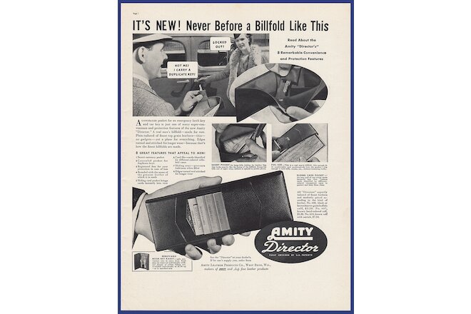Vintage 1937 AMITY DIRECTOR Billfold Wallet West Bend WI Print Ad 30's