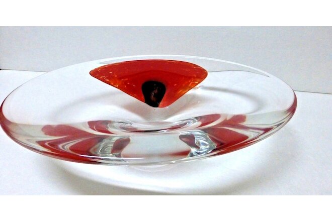 HEAVY ART GLASS BOWL-CLEAR GLASS WITH POPPY-SIGNED