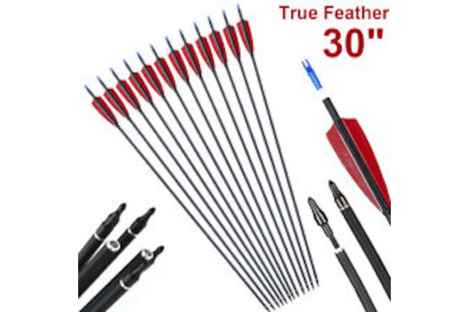 12Pcs 30 inch Carbon Shaft Arrows Spine 500 OD 7.6mm True Turkey Feathers Arrows