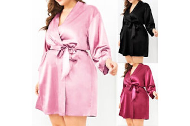 Womens Sexy Satin Silk Lace Bathrobe Lingerie Kimono Dressing Up Gown Sleepwear