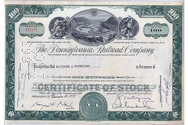 Pennsylvania Railroad Company Stock Certificate Horseshoe Curve Green