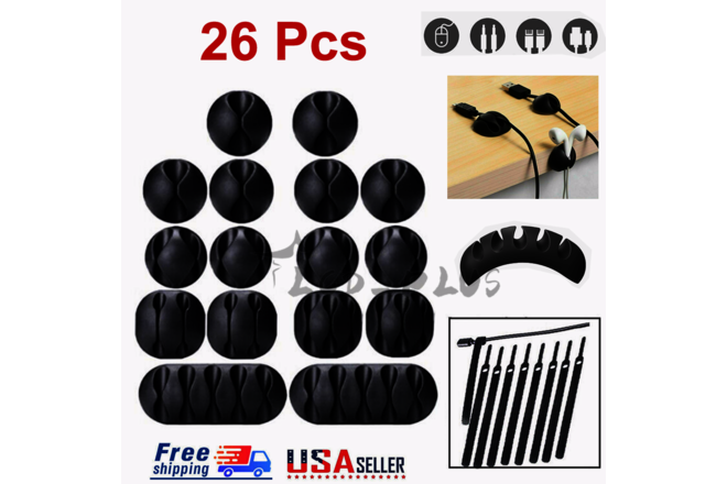 26PCS Cable Clips Cord Management Wire Tie Holder Organizer Clamps Self-Adhesive