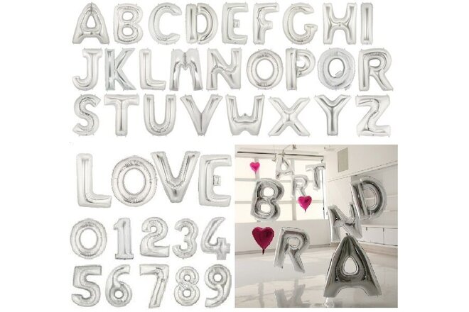 16" 40" Silver Mylar Letter Number Balloons Party Birthday Wedding Decorations