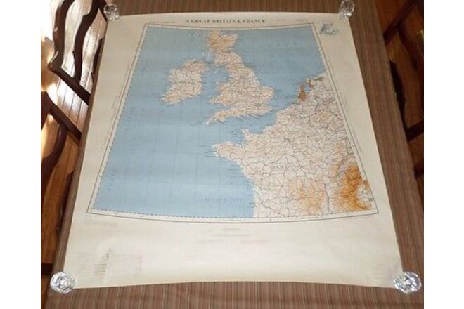 Fantastic, very large colored map of Great Britain & France (1954) Scarce!