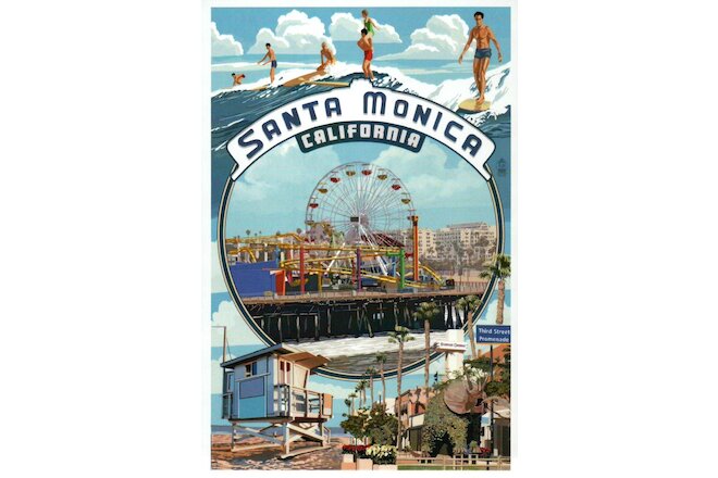 Santa Monica California Montage Ferris Wheel Pacific Park Surfing, Mod. Postcard