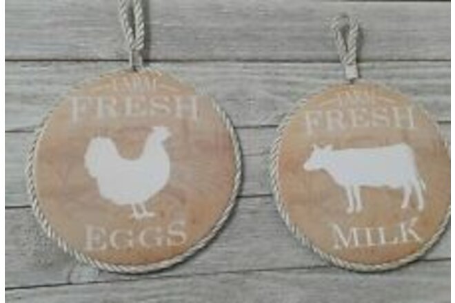 Farm Fresh milk & eggs plaques 5.5" circle white cord for hanging
