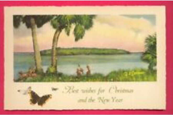 E G Barnhill Christmas New Years in Florida color art print card vtg orig NOS Mt
