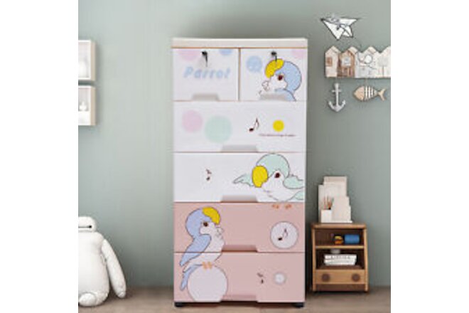 Modern Rolling Parrot Plastic Dresser Storage Cabinet 5 Layers & 6 Drawer w/Lock