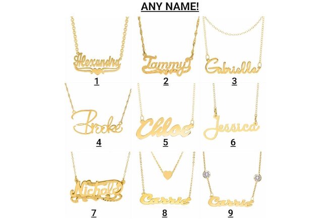 Personalized Sterling Silver Gold Any Name Plate Script Chain Necklace 9 Styles