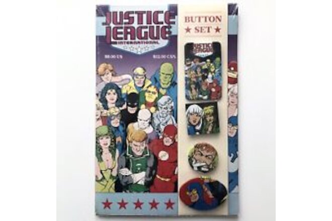 Vintage 1990 DC Comics JUSTICE LEAGUE International BUTTON Set (4) NEW & SEALED