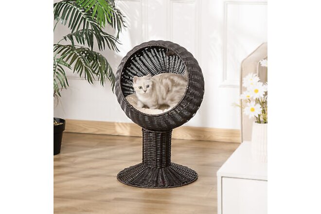 27" Rattan Wicker Elevated Cat House Kitty Scratch House Pet Bed W/ Cushion