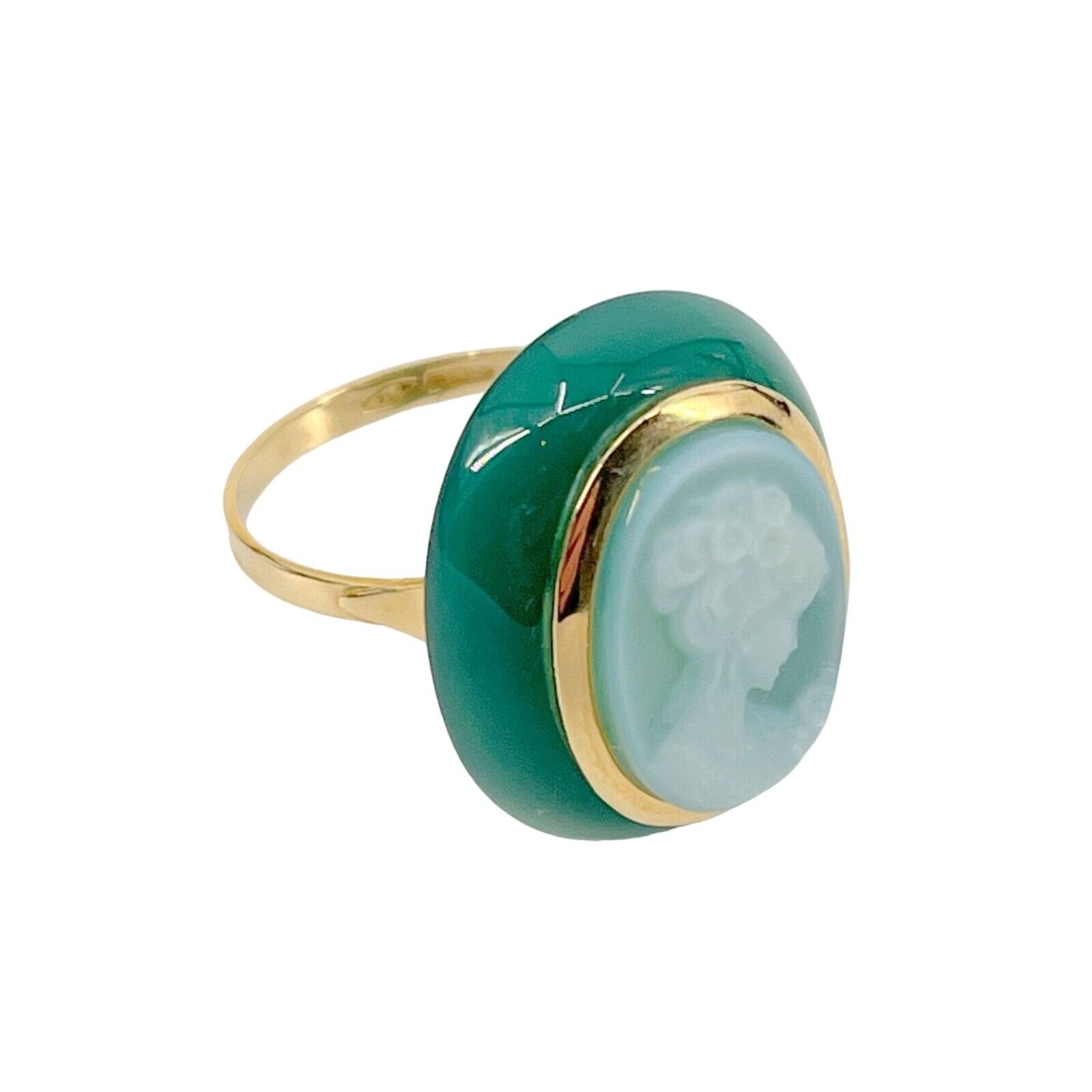 New Giovanni APA Green Agate Hand Carved Shell Cameo 18K Yellow Gold 750 Ring 6. Giovanni APA
