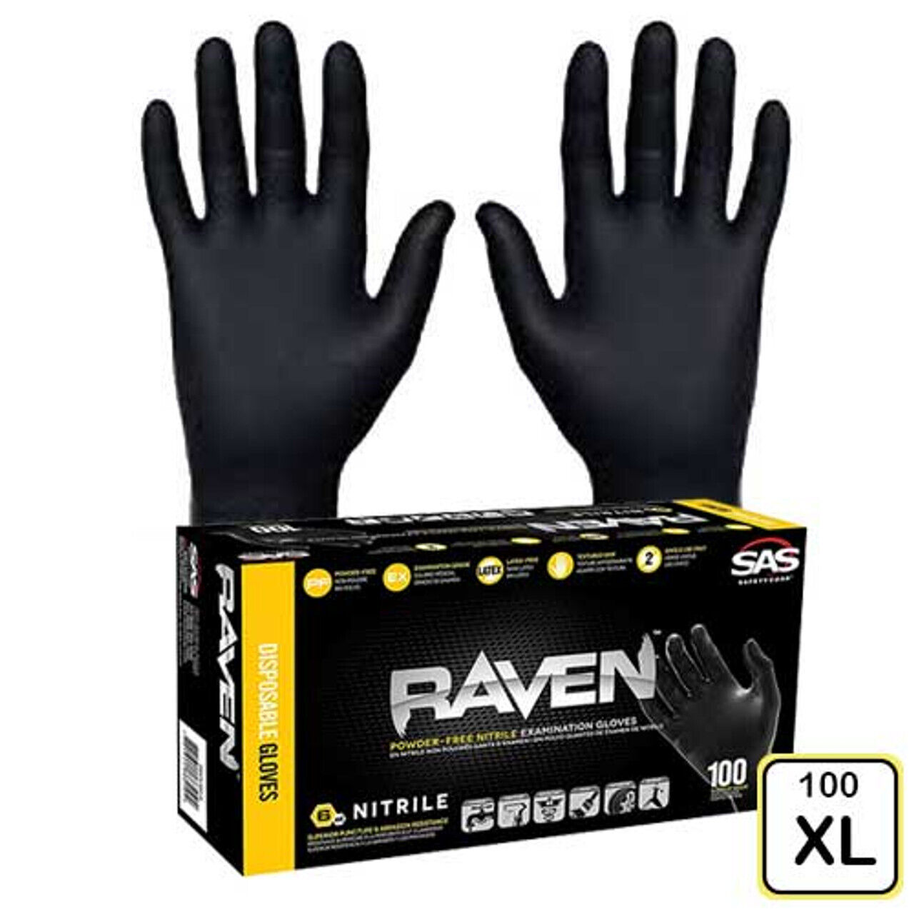 SAS RAVEN Black 7 MIL Powder & Latex Free Nitrile Disposable Gloves XLRG 100/BX SAS Safety 66519
