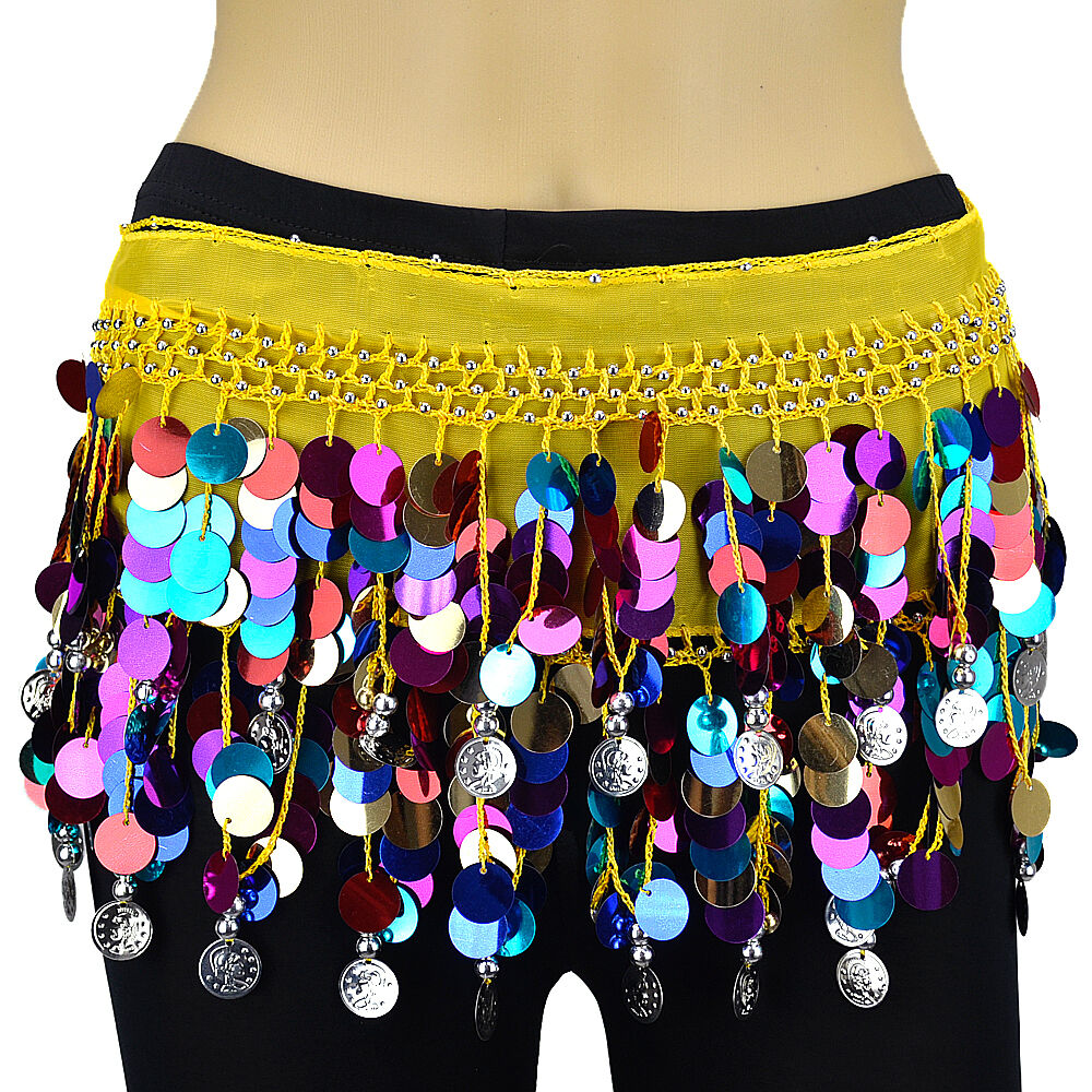 6 PCs Multi Color Sequins Coins Belly Dance Scarf Belt Hip Skirt Wrap Chiffon White Deer - фотография #12
