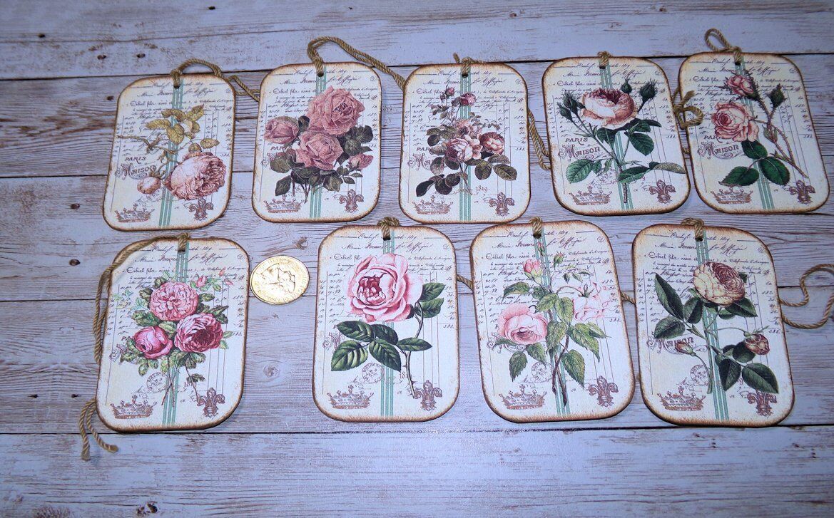 9~Vintage~Shabby Chic~Roses~French~Junk Journal~Linen Cardstock~Gift~Hang~Tags Unbranded