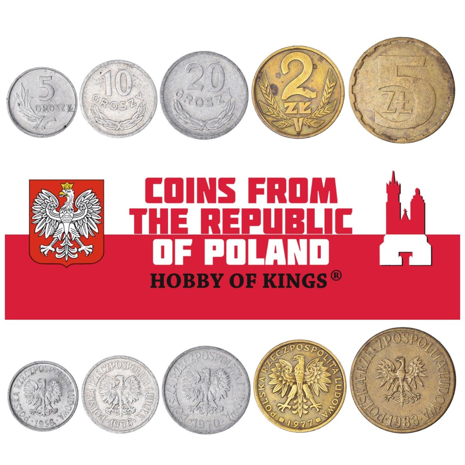 5 Poland Coins | Mixed Polish Currency | Grosz | Zloty | White Eagle Since 1949 Без бренда - фотография #2