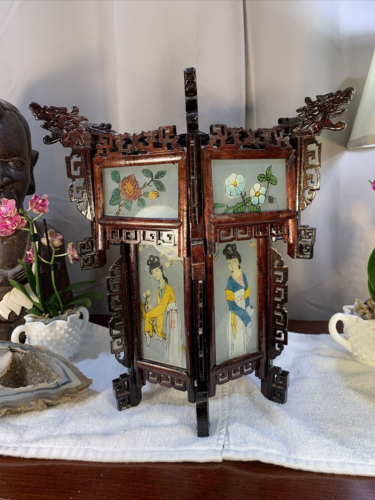 Antique Vintage Chinese Zitan Carved Wood Reverse Painted Glass Paneled Lantern Без бренда