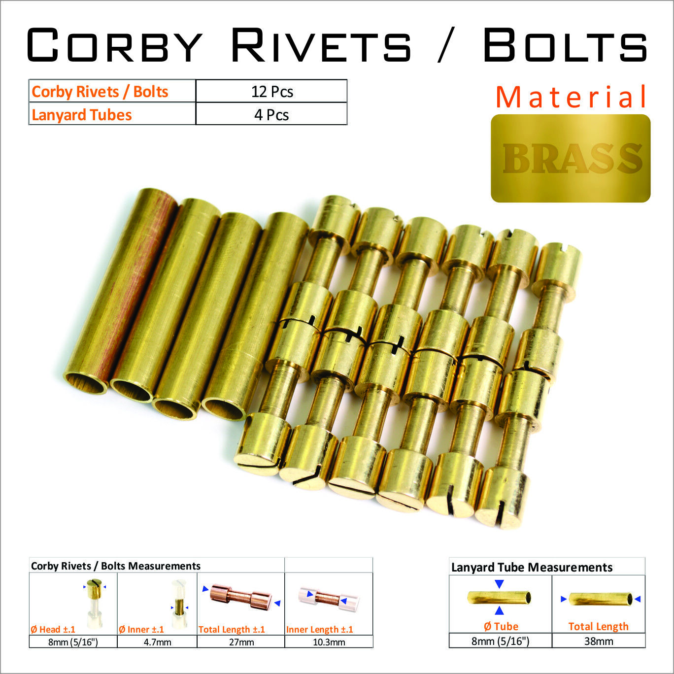 Knife Mounting Rivets 12 Brass 5/16” Corby Rivets & 4 Lanyard Tubes Knife Supply Globalwoods Does Not Apply