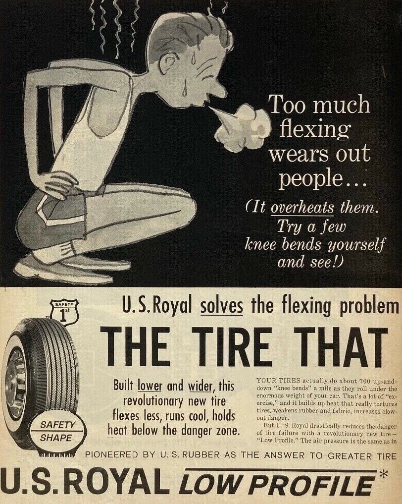 1960 U S Royal Tires Print Ad Solves the Flexing Doesn't Get Tired 2 pages U. S. Royal Low Profile Tires