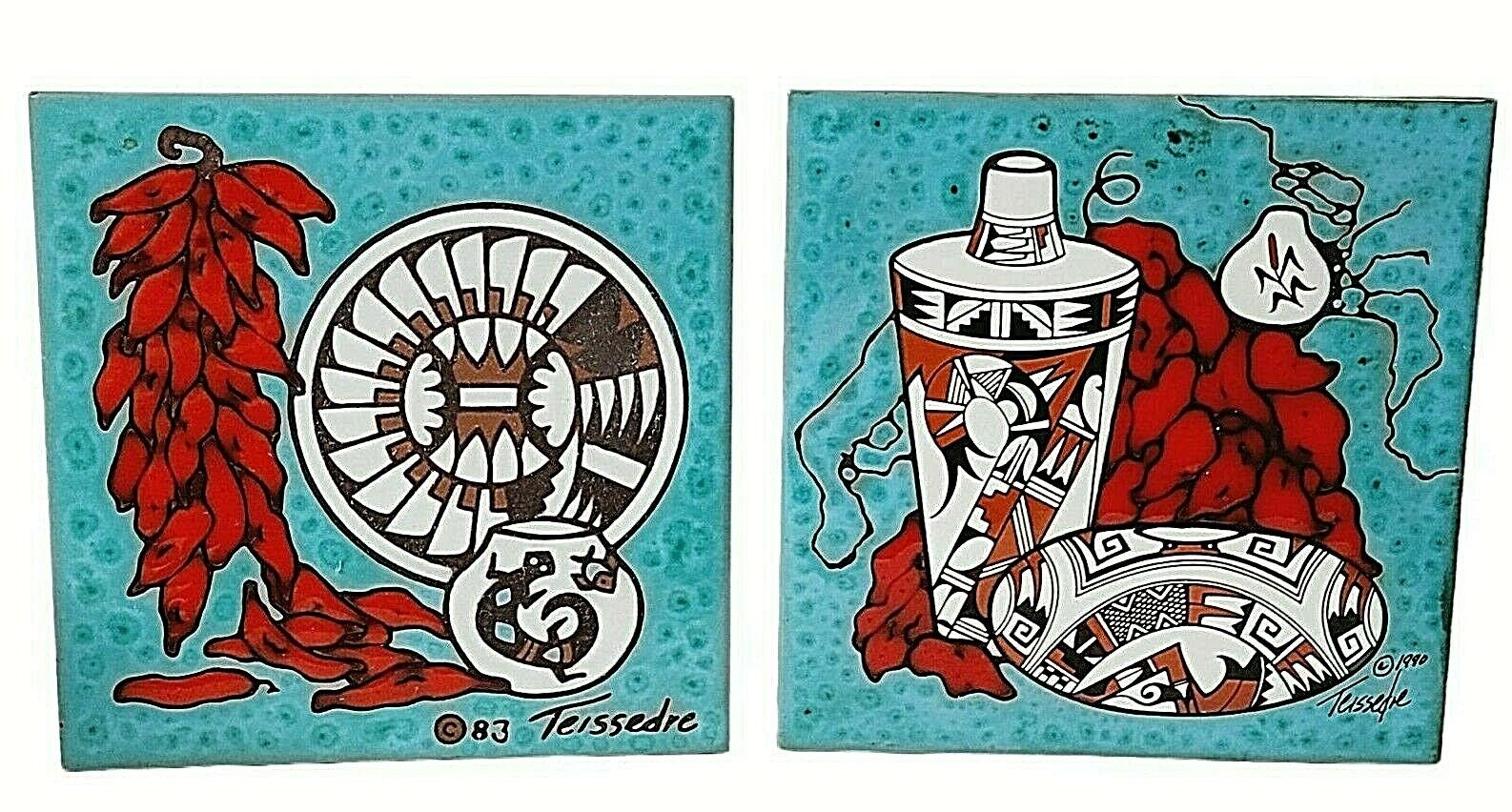 2 Cleo Teissedre Southwest Teal Red Hand Painted Art Tile Trivet Coaster ‘83 ‘90 Cleo Teissedre