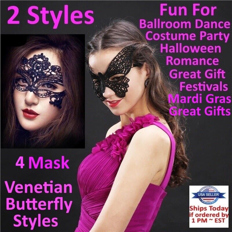 4x Black Lace Mask Masquerade Eye Face Eyemask Women Party Halloween Mardi Gras Black Lace Masquerade Mask - фотография #2